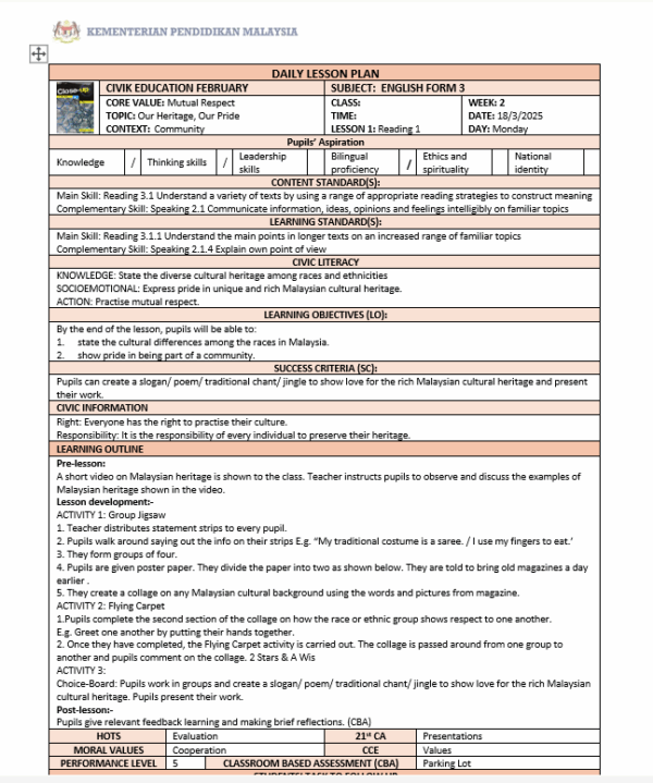 RPH Bahasa Inggeris Tingkatan 3 (SMK) 2025/2026 - Image 3