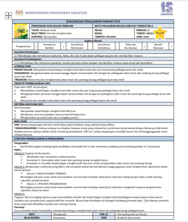 RPH Bahasa Melayu Tingkatan 2 (SMK) 2025/2026 - Image 4