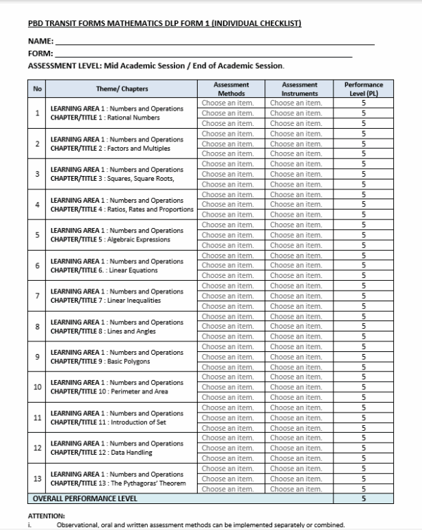 Borang Transit PBD - MATHEMATICS DLP Form 1 - Image 8