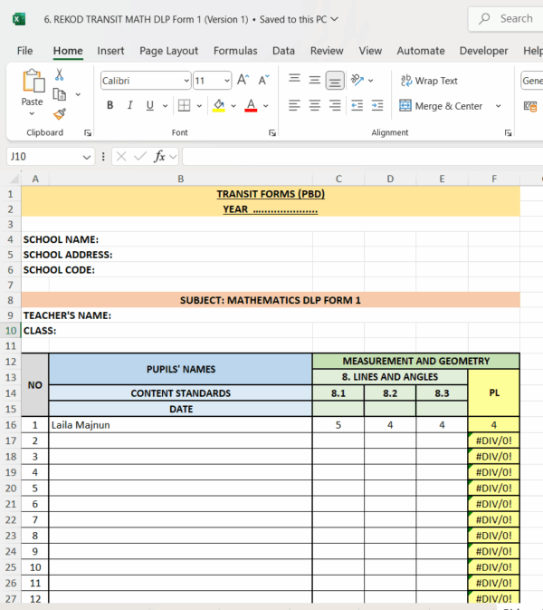 Borang Transit PBD - MATHEMATICS DLP Form 1 - Image 9