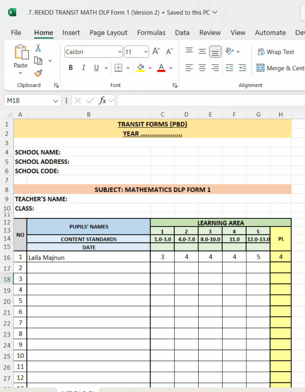 Borang Transit PBD - MATHEMATICS DLP Form 1 - Image 10