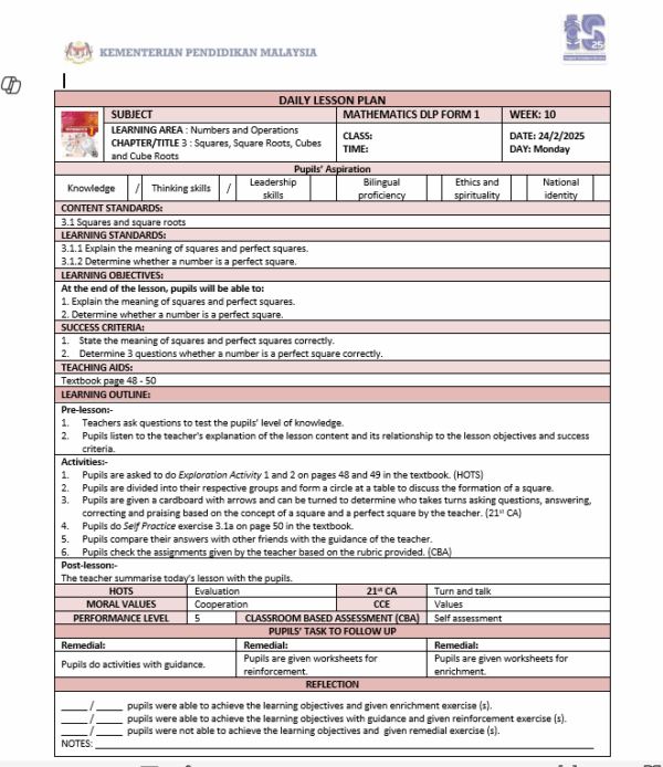 RPH Math DLP Form 1 (SMK) 2025/2026 - Image 2